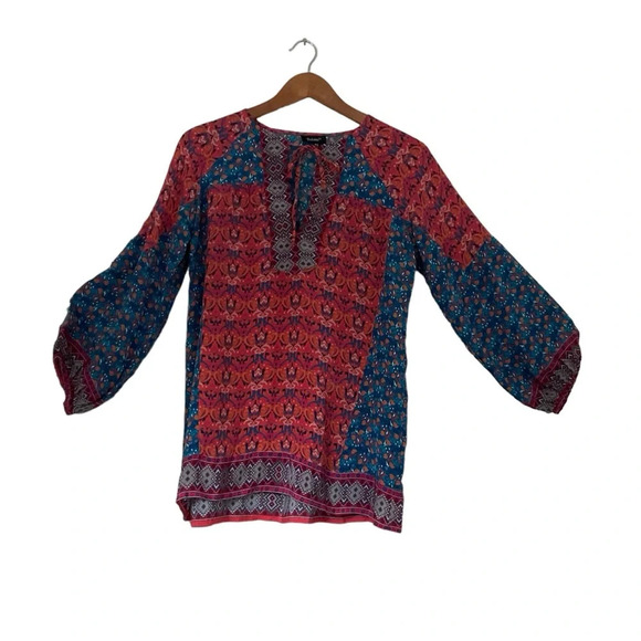 Tolani 100% Silk Top XS Multicolor Popover Peasant Tunic Tie Front Boho Flowy - Picture 1 of 9